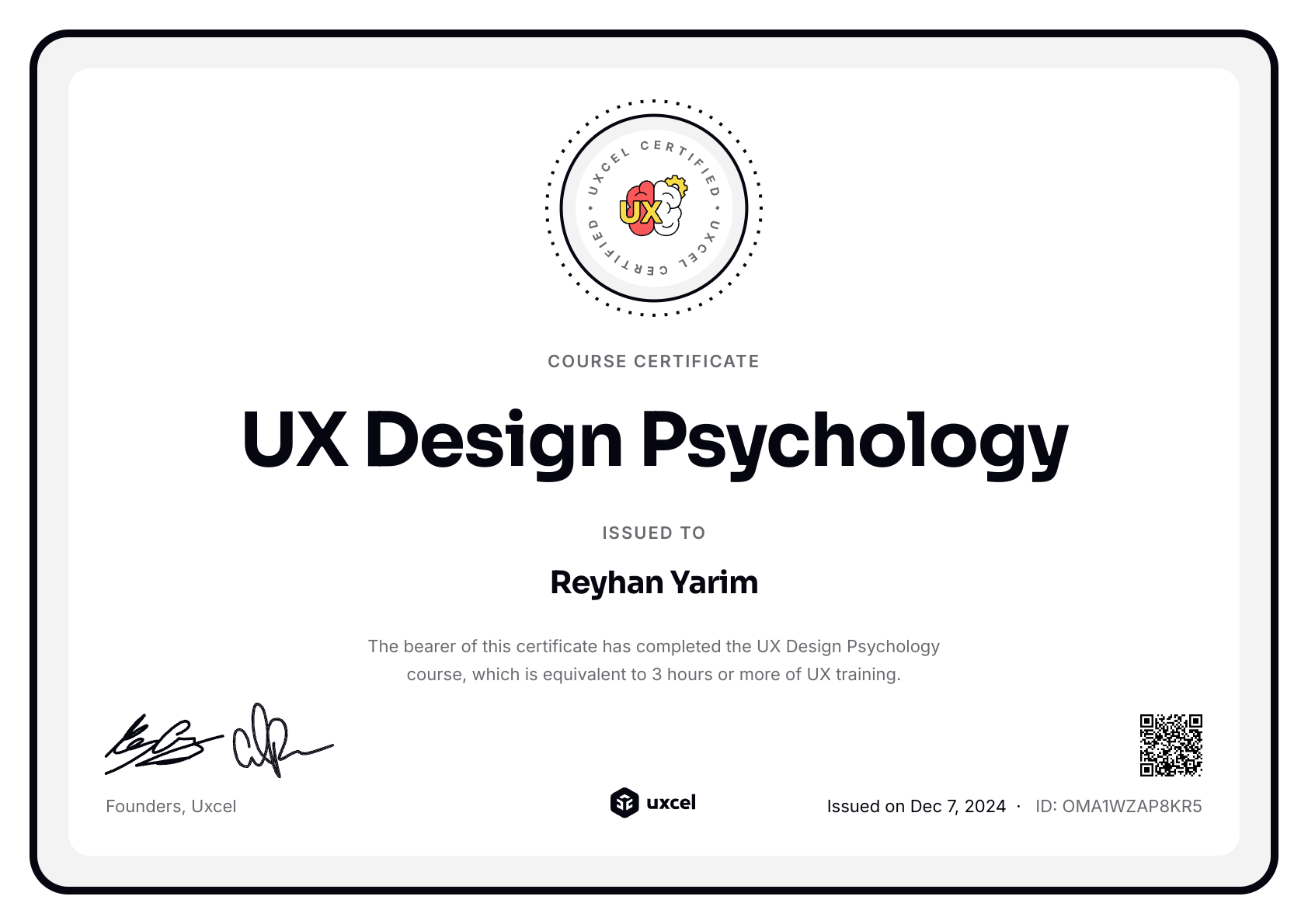 Reyhan Yarim's certificate